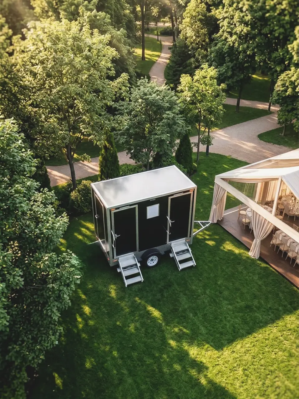 Restroom trailer on a lawn